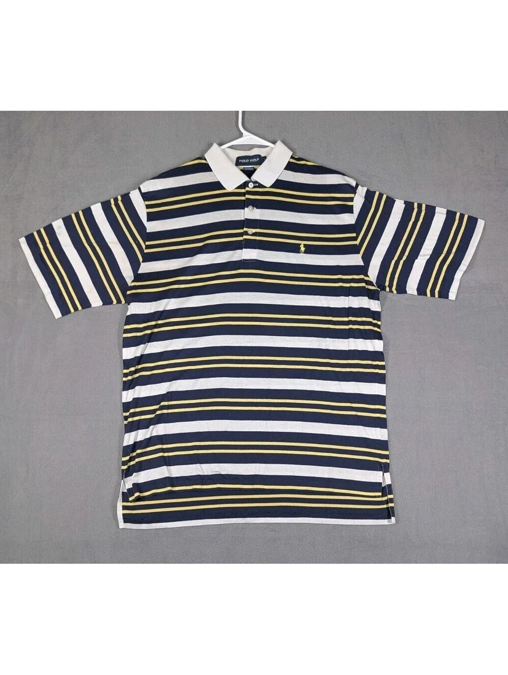 Polo Golf Ralph Lauren Mens L Blue White Yellow Striped Golf Polo Cotton Shirt
